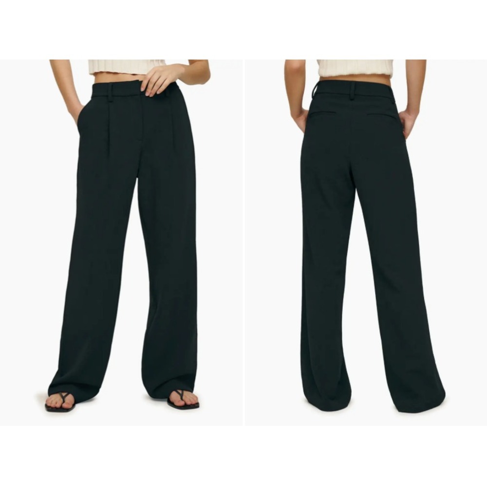 REFORMATION Trouser Pant 100% Linen Women's 10 Petite Black Wide Leg Chic Modern